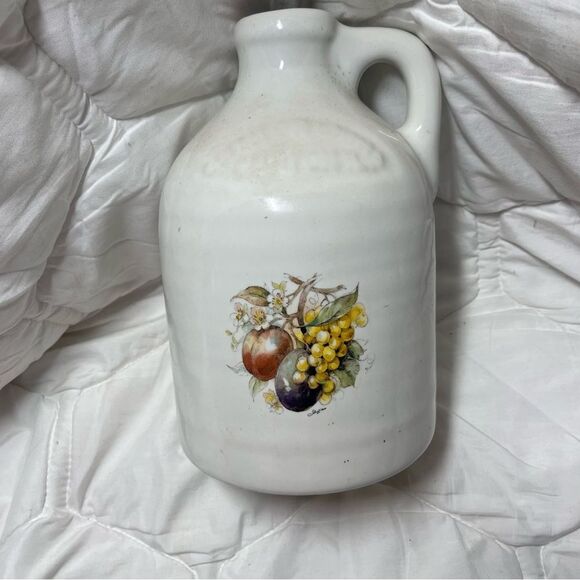 Other - Vintage Stoneware Jug / Pitcher — Fruit Motif Decal, Off-White Ceramic